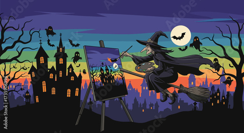 halloween witch flying on broomstick painting spooky haunted house on easel vibrant rainbow night sky with ghosts.
