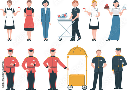 Hotel staff vector set with maid, bellhop, concierge, server, doorman, receptionist, uniforms, service roles, hospitality team, cartoon illustration