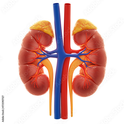 Kidneys with Adrenal Glands in Red and Blue on Human Torso