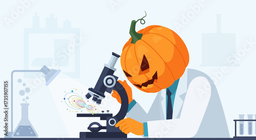 jack-o-lantern scientist intensely examines a swirling scientific phenomenon through a microscope in a lab for halloween discovery.