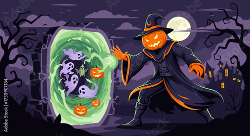 jack-o-lantern sorcerer conjuring spooky ghosts and glowing pumpkins from a swirling green portal on a dark halloween scene.