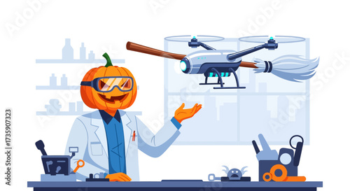 pumpkin scientist flying an innovative halloween broom drone in a modern lab blending spooky tech and robotic concepts