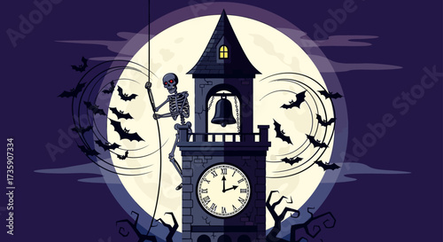 skeleton climbing clock tower at halloween night surrounded by bats under full moon spooky scene for themed events and seasonal decoration