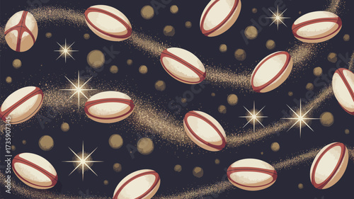 Rugby balls floating amid stars and golden dust against a dark blue background repeating pattern design