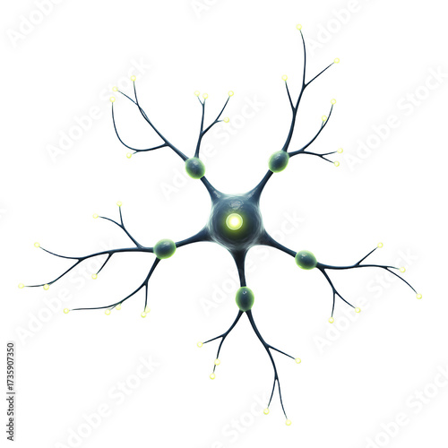 Neuron Cell Glowing with Yellow Synapses on Gray Background