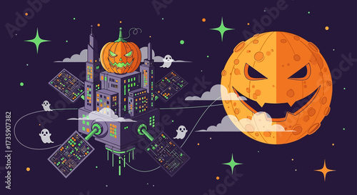 spooky digital halloween city under a jack-o-lantern moon with glowing pumpkin circuit buildings and flying ghosts.