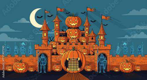 spooky halloween castle with glowing pumpkins and ghostly knights under a crescent moon for eerie autumn visuals.