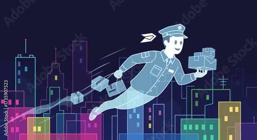 translucent digital postman swiftly flying with packages over a glowing neon city at night illustrating modern e-commerce delivery and logistics.