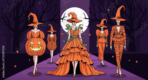 whimsical halloween fashion models showcasing creative pumpkin-themed witch costumes on a runway in a spooky forest under a full moon