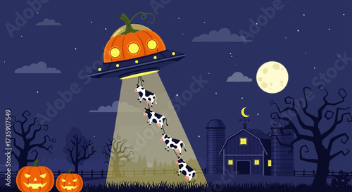 whimsical jack-o-lantern ufo abducting farm cows with a glowing tractor beam from a spooky night field during halloween.