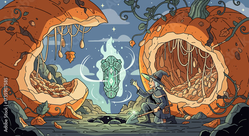 white-haired witch conjuring a glowing magical artifact from the ground between giant cracked halloween pumpkins under a starry autumn night sky.