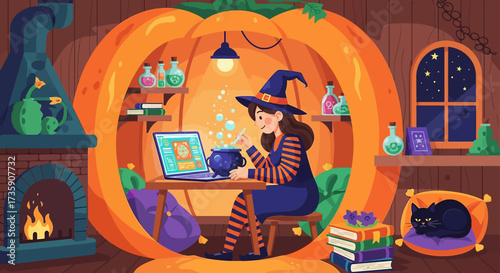 witch using laptop stirring potion in pumpkin house creating a spooky spell in magical halloween setting for creative concept use