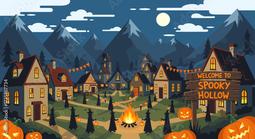 witches gather around a bonfire under a full moon in spooky hollow a halloween mountain village scene ideal for holiday designs and mystical storytelling.