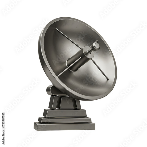 Shiny Silver Satellite Dish Antenna Against White Background