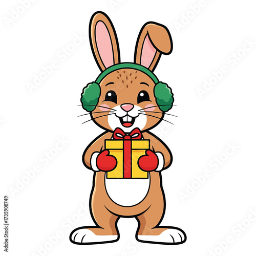 Cute cartoon bunny with gift box wearing earmuffs and gloves on white background rabbit animal