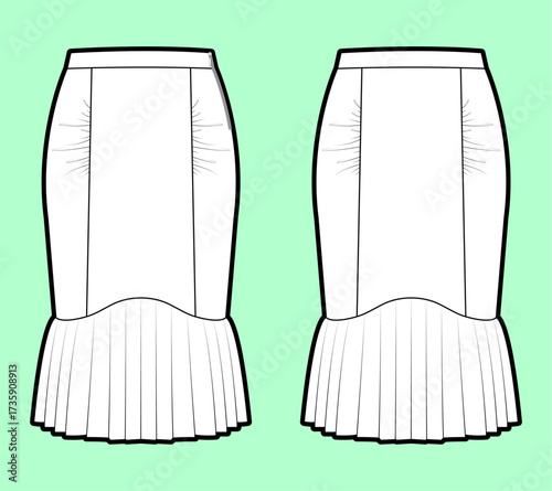 Elegant Mermaid Skirt with Gathered Waist & Pleated Flounce Hem - Technical Flat Sketch