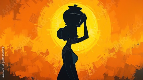 Woman Carrying Pot  Sunset Silhouette.