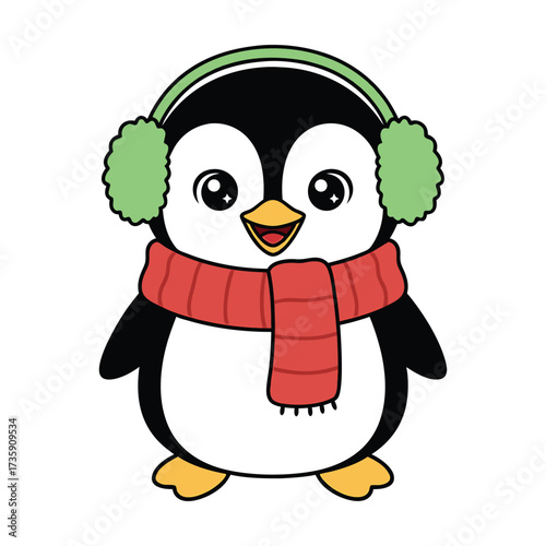 Cute Penguin Wearing Scarf And Earmuffs For Winter cartoon