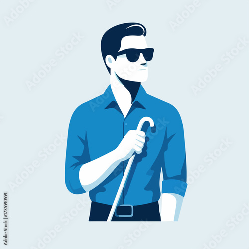 illustration of a blind person character wearing a blue shirt