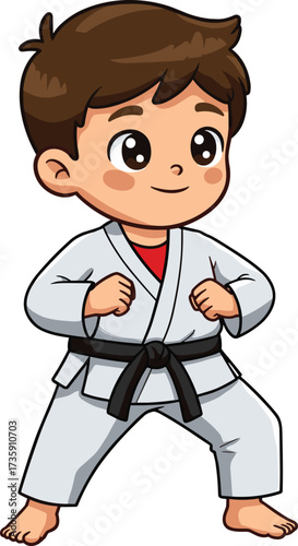 Cartoon boy in karate uniform, black belt martial arts student, practicing karate stance, self defense training, fitness, discipline, sports illustration