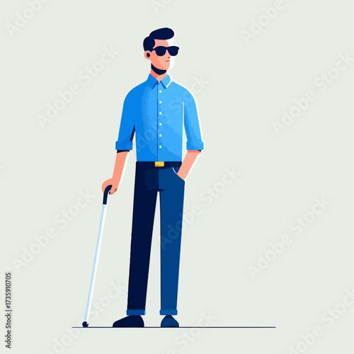 illustration of a blind person character wearing a blue shirt