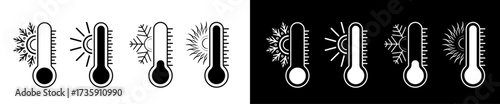 Abstract thermometer measure indicator set vector design with snowflake and sun symbol. Creative weather meteorology icons, summer, winter season illustration on black and white background. 