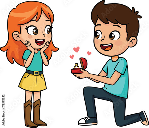 Cartoon man proposing marriage to woman, romantic couple illustration, engagement ring proposal scene, love relationship artwork, happy couple romance design