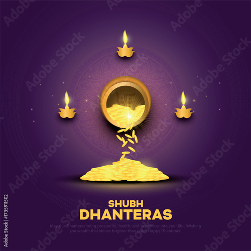 Happy Dhanteras poster template design with gold coin in pot and decorative diya lamp. Indian festival Dhanteras creative vector design.