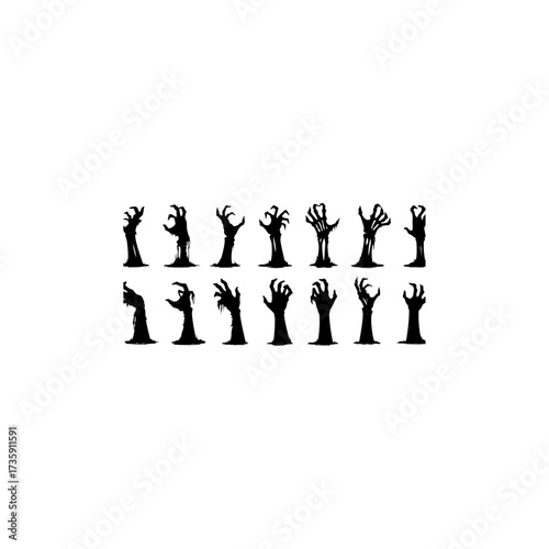 Halloween zombie hands. Creepy zombie crooked lambs stick out of graveyard ground vector set. Zombie hands silhouette silhouette vector.