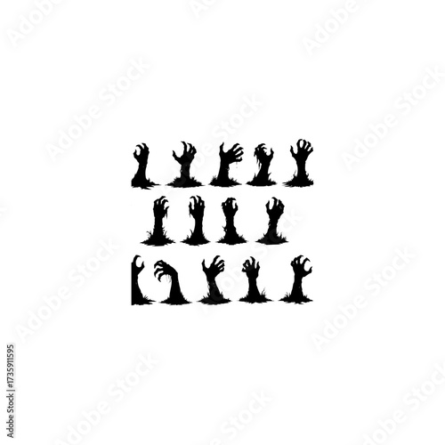 Halloween zombie hands. Creepy zombie crooked lambs stick out of graveyard ground vector set. Zombie hands silhouette silhouette vector.