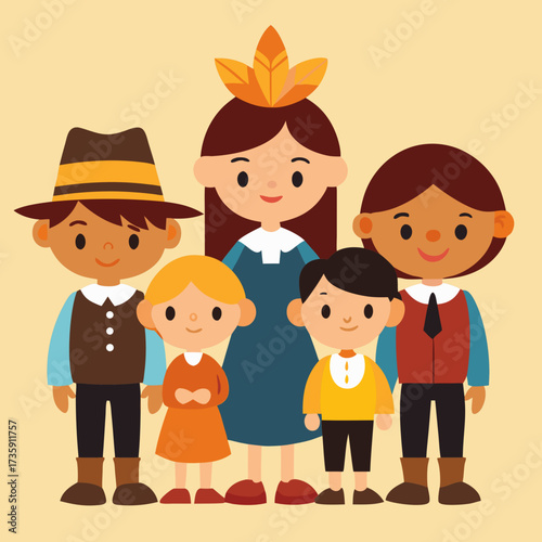 Thanksgiving Kids in Costume Vector Illustration _ Pilgrim kids standing with Native American kids.