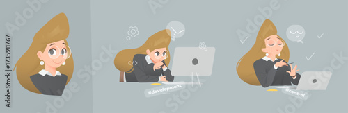 Cartoon vector illustration of a business lady character. Bust avatar plus two scenes: focused programming at the computer and relaxed manicure moment with laptop, symbolizing balance and control.