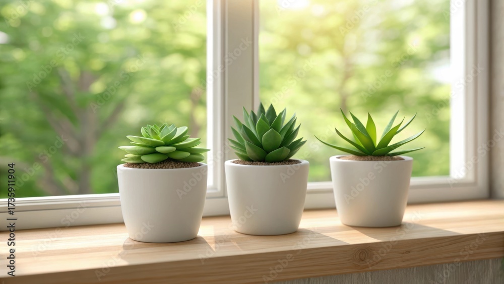 Fototapeta premium Three potted succulent plants on a windowsill with green foliage outside