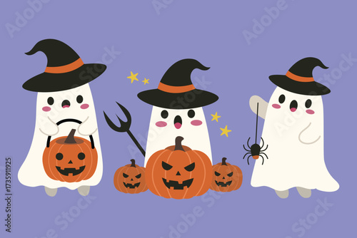 Cute Ghosts and Jack o Lanterns Illustration with kawaii hand drawn style for halloween season. Suitable for clip art, stickers, flat design illustration, etc