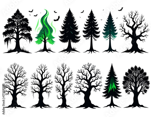 A collection of diverse tree silhouettes, including spooky, bare, and evergreen designs, some with glowing green elements and bats.