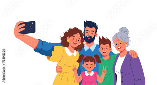 Bilde på lerret A happy multi-generational family taking a selfie together with a smartphone illustration