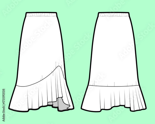 Asymmetrical Ruffle Hem Midi Skirt - Technical Flat Sketch