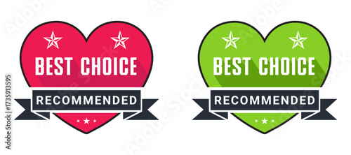 Best Choice Recommended Badge Icons in Red and Green Heart Shapes