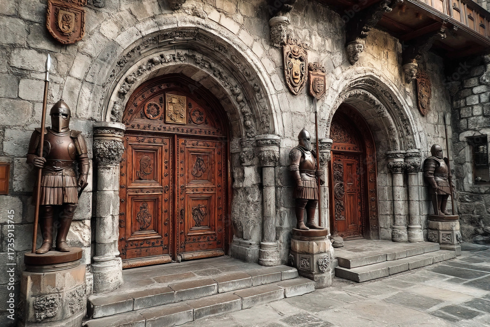Fototapeta premium Majestic medieval door guarded by palace guards at castle gate interior revealing rich history