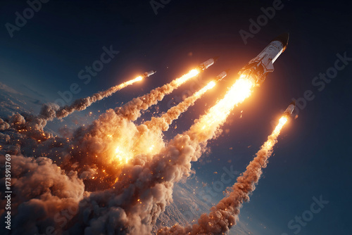 Group of military projectiles soaring through the sky during an aggressive war attack
