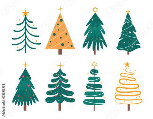 Set of modern Christmas trees in flat style with stars, ornaments, and creative shapes.