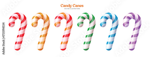 Collection of six bright candy canes in red, gold, green, blue, and purple stripes. Ideal for Christmas