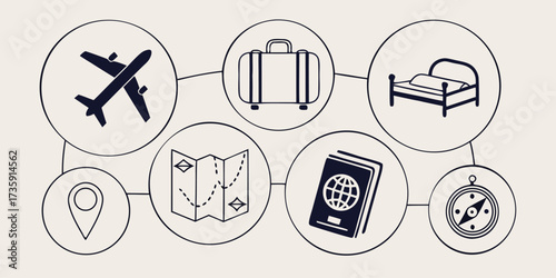 Abstract vector background with travel icons set illustration