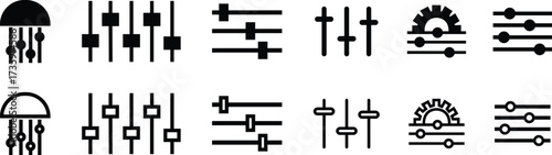 Control Panel Adjustment Icon Set and Equalizer Slider Vector Collection Group of Settings, Audio Mixer, Gear, Knob, Interface, Dashboard, Switch, Tune and Customize Symbol in Black Flat and Line Styl
