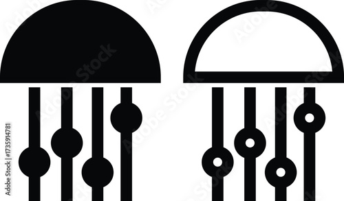 Control Panel Adjustment Icon Set and Equalizer Slider Vector Collection Group of Settings, Audio Mixer, Gear, Knob, Interface, Dashboard, Switch, Tune and Customize Symbol in Black Flat and Line Styl