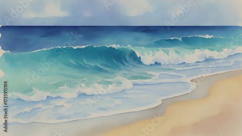 Turquoise ocean waves crashing onto a sandy beach under a cloudy sky sea