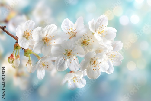 Delicate white blossoms bloom on a branch against a soft teal background, showcasing spring's gentle beauty.