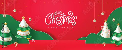 Wallpaper Mural Merry Christmas background with festive trees, ornaments, and candy canes on red and green backdrop. Torontodigital.ca