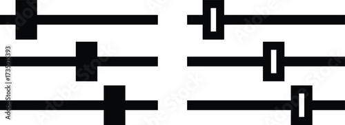 Control Panel Adjustment Icon Set and Equalizer Slider Vector Collection Group of Settings, Audio Mixer, Gear, Knob, Interface, Dashboard, Switch, Tune and Customize Symbol in Black Flat and Line Styl