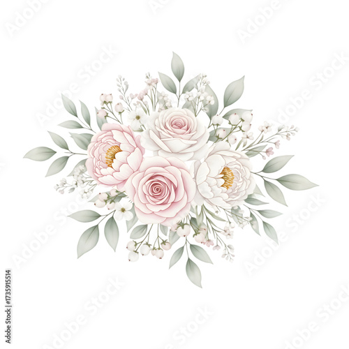 Delicate pastel pink roses and white peonies floral arrangement with soft green leaves